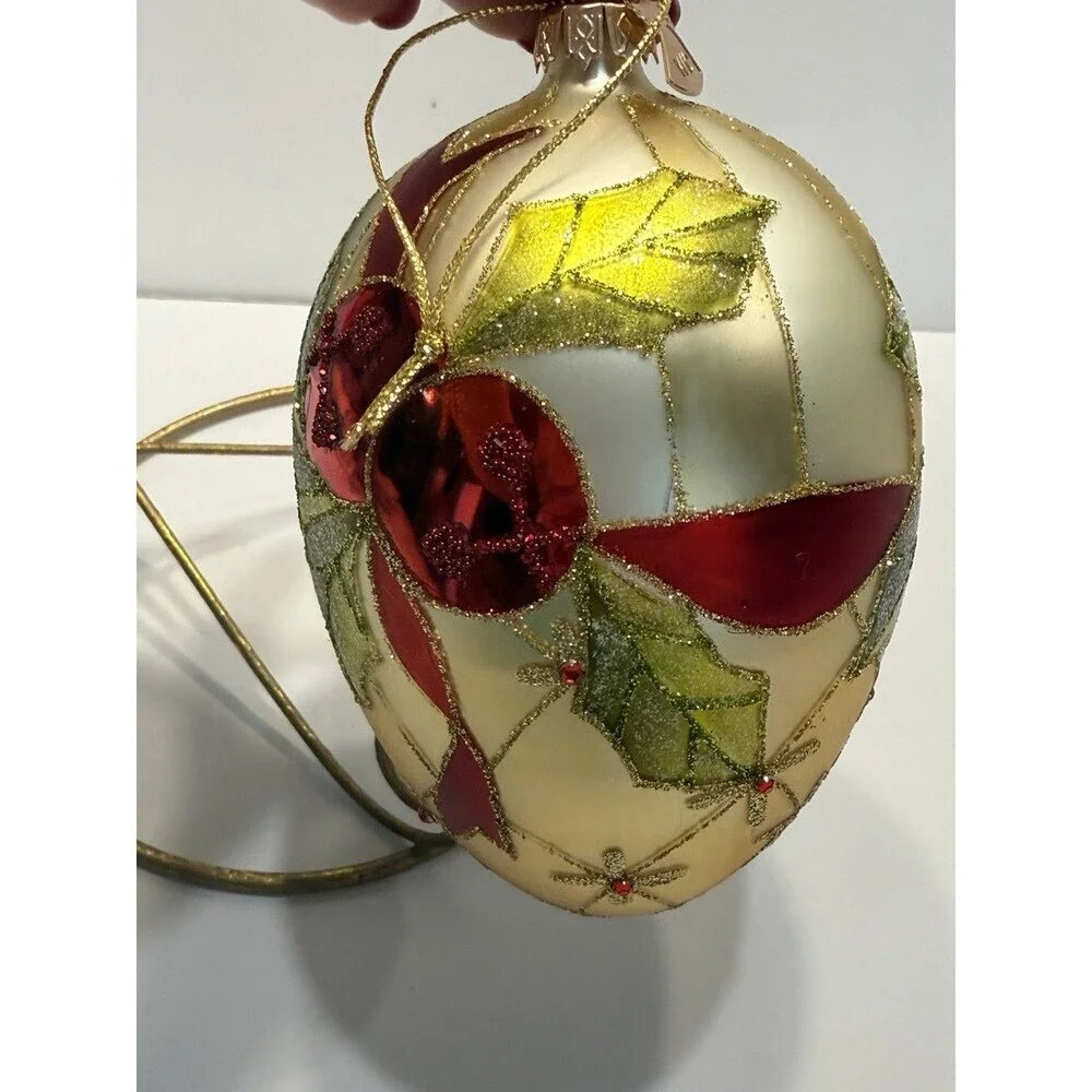 VTG W.C Gold Teardrop Christmas Ornament Hand Painted Berry Holly Glitter Glass